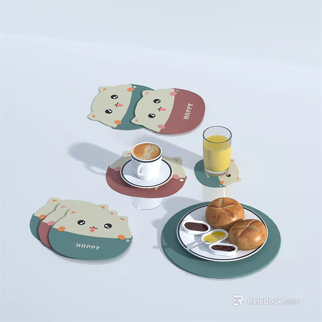Cute Cartoon Animal Kitchen Coasters With Happy Text Coffee Cup Orange Juice And Bread 3d model 