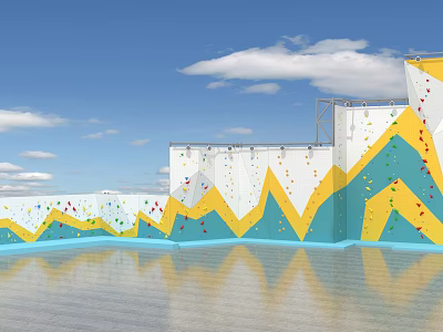 Outdoor Climbing Wall With Yellow Blue Patterns And Colorful Holds Under Blue Sky 3d model