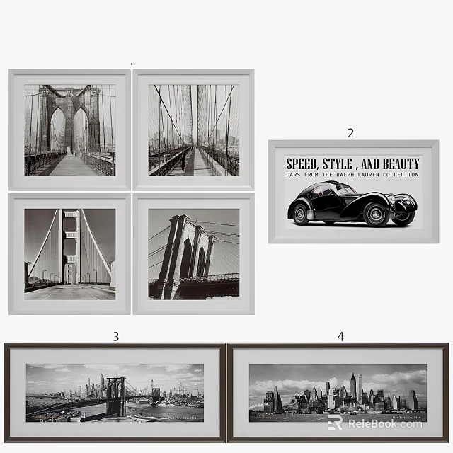 Black And White Bridge Landscape Paintings With City Skyline Artworks 3d model 
