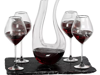 Elegant Wine Decanter And Red Wine Glasses With Red Wine On Black Slate Tray 3d model