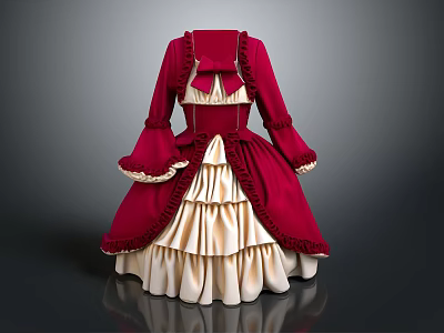 Elegant Vintage Red And Cream Dress With Ruffled Sleeves Bow Accent And Layered Skirt 3d model