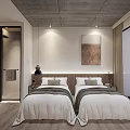 Minimalist Modern Hotel Guest Room With Comfortable Bed Wooden Floor And Pendant Lights