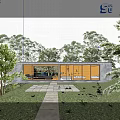 Single Family House with Large Windows Lit Interior Full Moon Night Garden Courtyard Among Trees