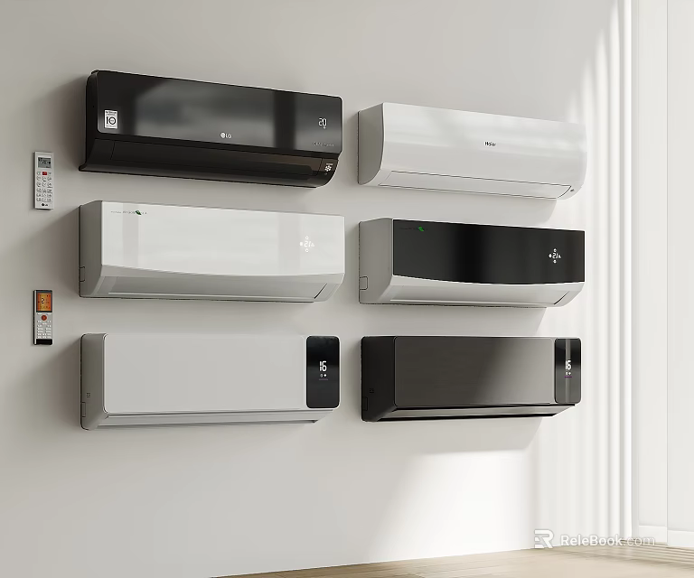 Various Wall Mounted Air Conditioners In Different Colors With Remotes 3d model
