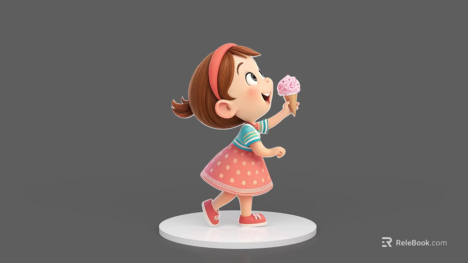 Game Movie Character 3D Model Little Girl Holding Pink Ice Cream Wearing Polka Dot Dress Headband Red Shoes 3d model 