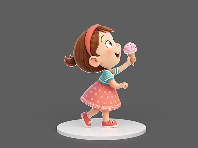 Game Movie Character 3D Model Little Girl Holding Pink Ice Cream Wearing Polka Dot Dress Headband Red Shoes 3d model