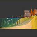 Cartoon Scene With Wooden Cabin Dock Boat Trees And Water Area On Circular Base