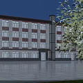 Modern Traditional Multi Story Hotel Building With Illuminated Windows And Open Plaza Front