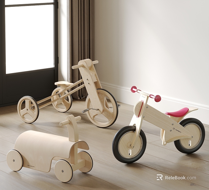 Wooden Electric Toys Kids Bicycle Tricycle With Red Seat And Safe Design For Indoor Play 3d model 