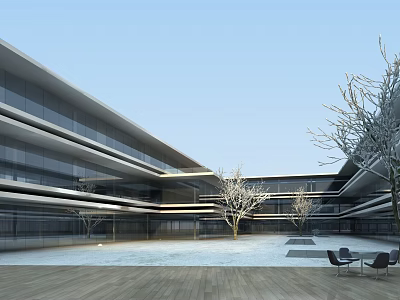 Modern Office Building With Glass Facade Courtyard Trees And Outdoor Seating Area 3d model