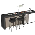 Modern Bar Counter With Black Stools Fruits Plates Plant Sink And Cabinets
