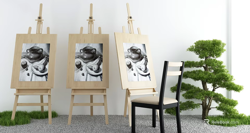 Art Supplies and Musical Instruments Display With Easels Paintings Chair and Green Plant 3d model 