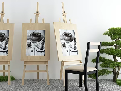 Art Supplies and Musical Instruments Display With Easels Paintings Chair and Green Plant 3d model