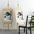 Art Supplies and Musical Instruments Display With Easels Paintings Chair and Green Plant
