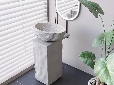 Stone Washbasin on Concrete Pedestal With Round Mirror Window Blinds and Large Leaf Plant 3d model