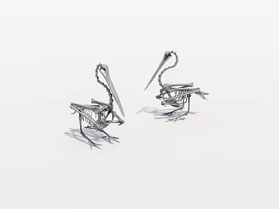 Two Metal Pelican Sculptures With Long Beaks And Wire Frame Design 3d model