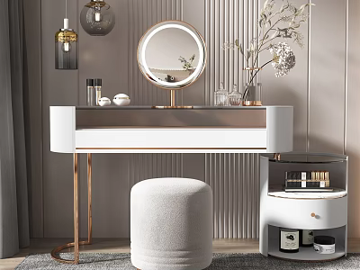 Modern White Gold Dressing Table With Round Mirror Stool And Decorative Items 3d model