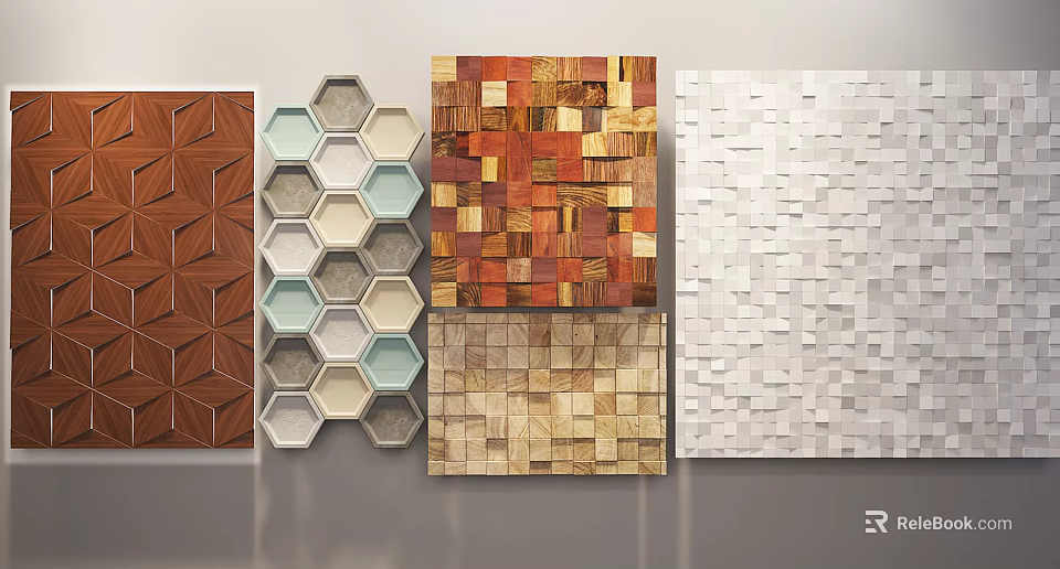 Creative Wall Design With Hexagonal Wooden Panels And White Square Geometric Patterns 3d model 