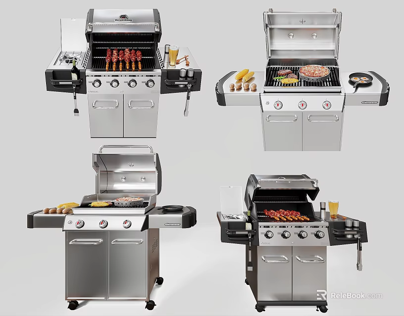 Outdoor Stainless Steel Grill with Mobile Wheels and Grilled Skewers Burgers Corn in Various Angles 3d model 
