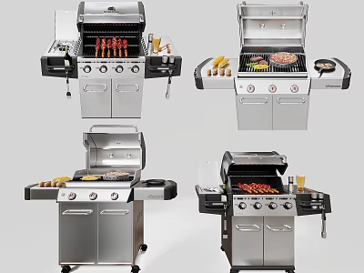Outdoor Stainless Steel Grill with Mobile Wheels and Grilled Skewers Burgers Corn in Various Angles 3d model