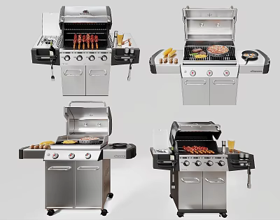 Outdoor Stainless Steel Grill with Mobile Wheels and Grilled Skewers Burgers Corn in Various Angles 3d model