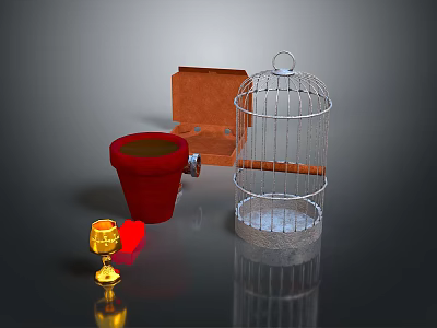 White Birdcage Red Flower Pot Golden Lantern And Open Box Display Scene 3d model