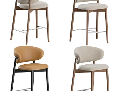 Modern Bar Stools With Wooden Frames And Fabric Seats In Beige And Brown Tones 3d model