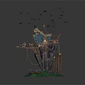 Cartoon Scene with Fantasy Wooden Cottage on Green Base and Flying Birds Around Ropes Pulleys