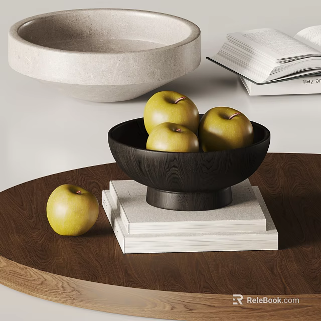 Decorative Ornament Set With Black Wooden Bowl Green Apples White Stone Base On Wooden Tabletop 3d model 
