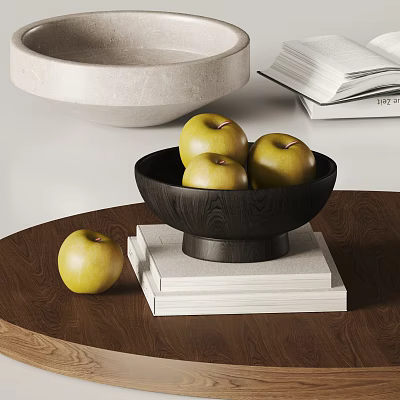 Decorative Ornament Set With Black Wooden Bowl Green Apples White Stone Base On Wooden Tabletop 3d model