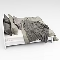 Modern Double Bed With Striped Bedding Gray Pillows And Dark Blanket