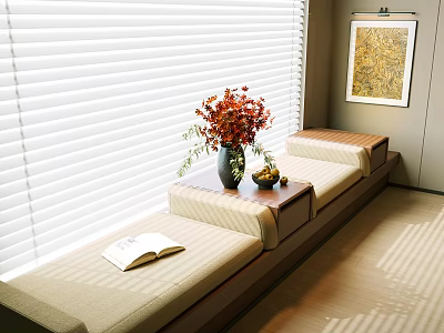 Bay Window Cabinet with Blinds Open Book Flowers Small Table and Decorative Painting 3d model