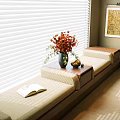Bay Window Cabinet with Blinds Open Book Flowers Small Table and Decorative Painting