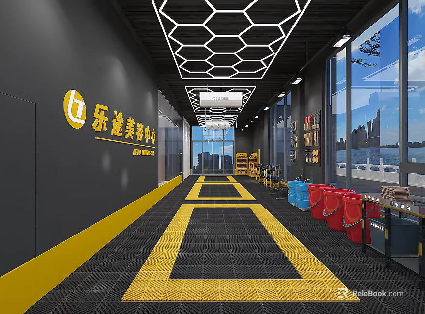 4S Auto Service Shop Interior With Black Yellow Floor Tools Display Area City View 3d model 