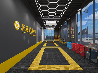 4S Auto Service Shop Interior With Black Yellow Floor Tools Display Area City View 3d model