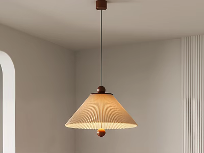 Modern Beige Pleated Pendant Light with Wooden Top and Black Cord in Minimalist Room 3d model
