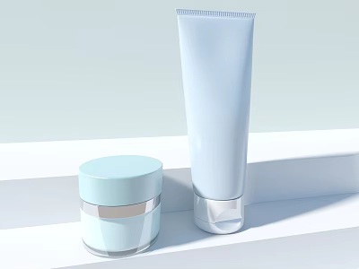 Minimalist Light Blue Perfume Cosmetic Jar And Tube With Silver Accents On White Surface 3d model