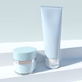 Minimalist Light Blue Perfume Cosmetic Jar And Tube With Silver Accents On White Surface