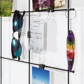 Creative Photo Grid Wall with Hanging Photos Tags Notes and Surfboard Keychain