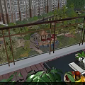 Balcony View Of Lush Residential Garden Landscape With Pavilion Flower Beds And High Rise Buildings