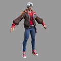 A Man With White Hair Wearing Brown Jacket Red Hoodie Blue Jeans And Red Sneakers