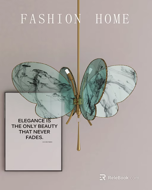 Elegant Modern Butterfly Chandelier with Glass Panels Green and Black Veins and Golden Frame 3d model 