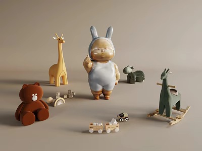 Cute Plush Doll Collection Featuring Rabbit Outfit Giraffe Teddy Bear Wooden Train And Rocking Horse 3d model