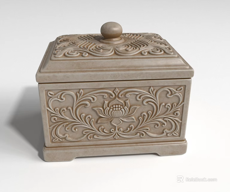 Traditional Ceramic Box With Carved Lotus Patterns And Decorative Lid 3d model 