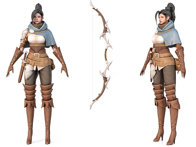 Female Archer Game Film Character In Blue Cloak White Tunic Brown Leather Armor With Bow 3d model