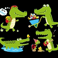 Fun Cartoon Crocodile Silhouettes with School Bag Ball Cart Water Bird Party Hat and Turtle Elements