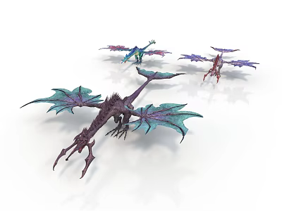 Colorful Fantasy Dragon Creatures With Vibrant Wings In Various Purple Blue Red Hues 3d model