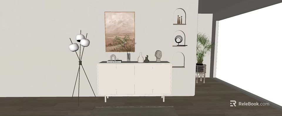Minimalist Entryway Console Cabinet With Decorative Items Painting Plant And Floor Lamp 3d model 