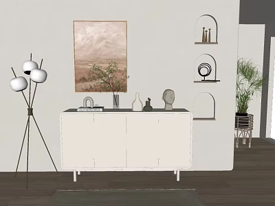 Minimalist Entryway Console Cabinet With Decorative Items Painting Plant And Floor Lamp 3d model