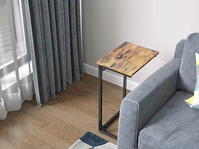Vintage Wooden Top Side Table With Black Metal Legs Next To Gray Sofa In Living Room 3d model